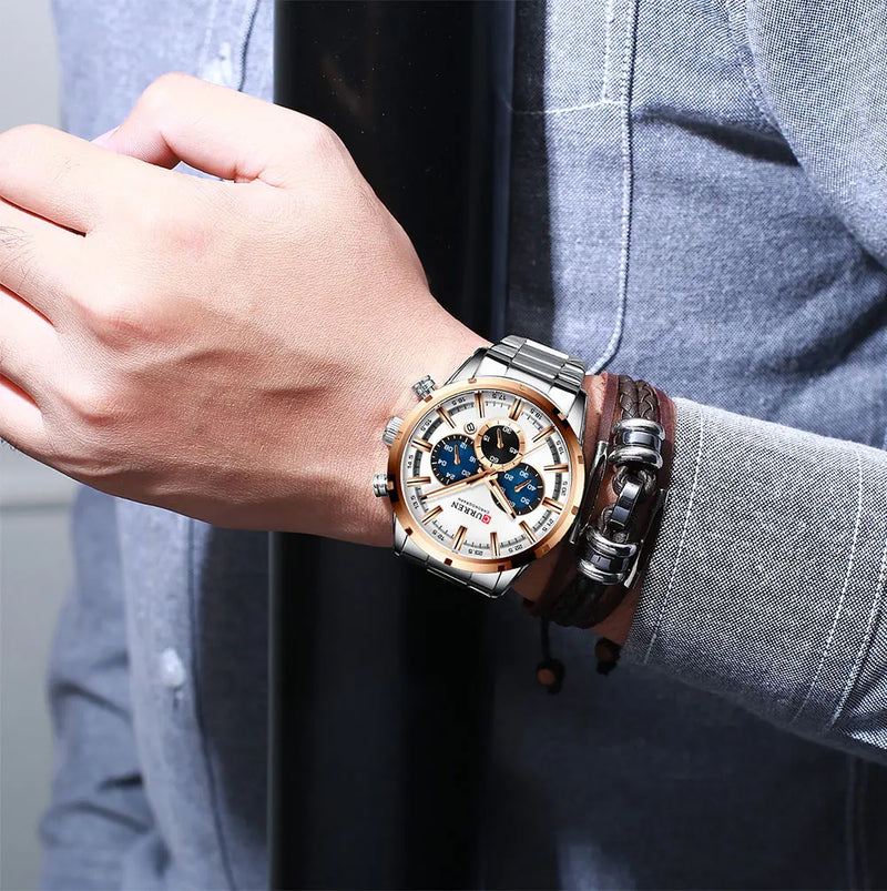 CURREN relógio de pulso masculino, relógio azul de aço inoxidável com pulseira data relógios luxuosos à prova d'água para homens de negócios