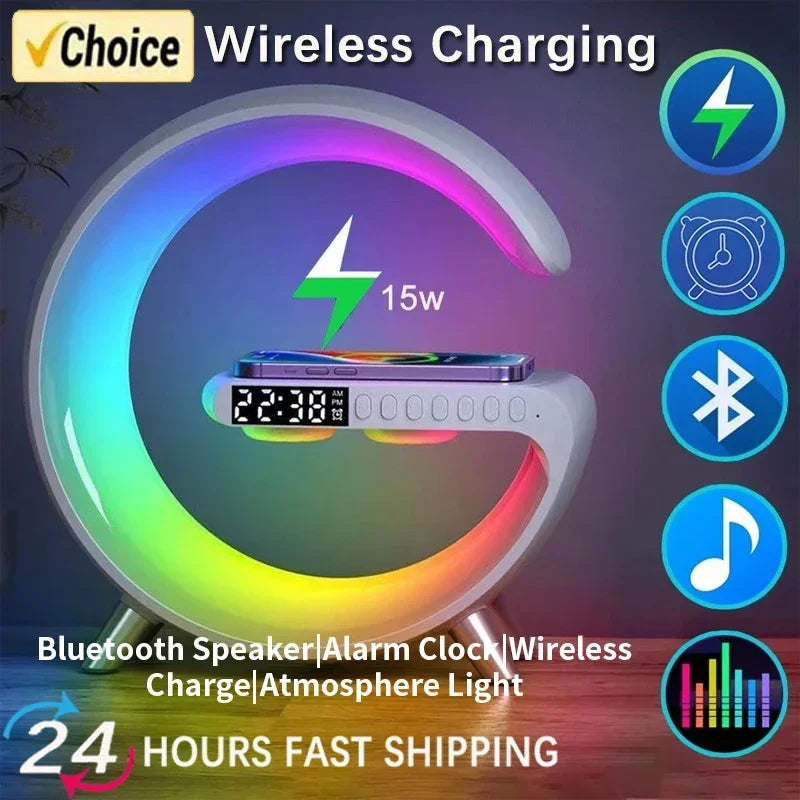 Carregador sem fio para iphone, samsung estação de carregamento rápido. Multifuncional rgb luz bluetooth alto-falante e despertador 15w